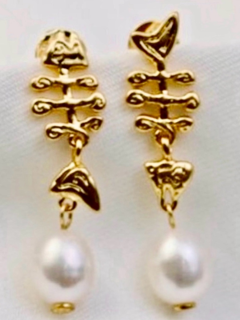 Tory Burch Authentic Gold Fish Bone & Mermaid Tails & Freshwater Pearls Earrings